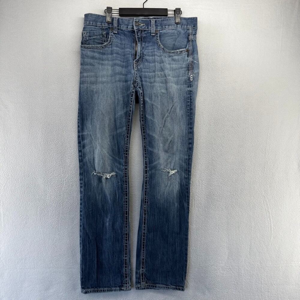Buckle Bke Jeans men's 33x31 Blue Denim Jake Straight Whisker Distressed Y2k